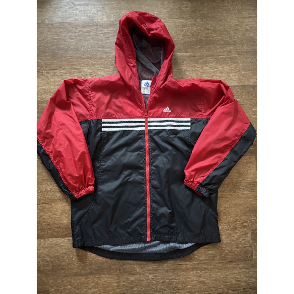 Adidas Boys XL Windbreaker Jacket Two-Tone Red/Black W/‎ Stripe Track Warm Up
